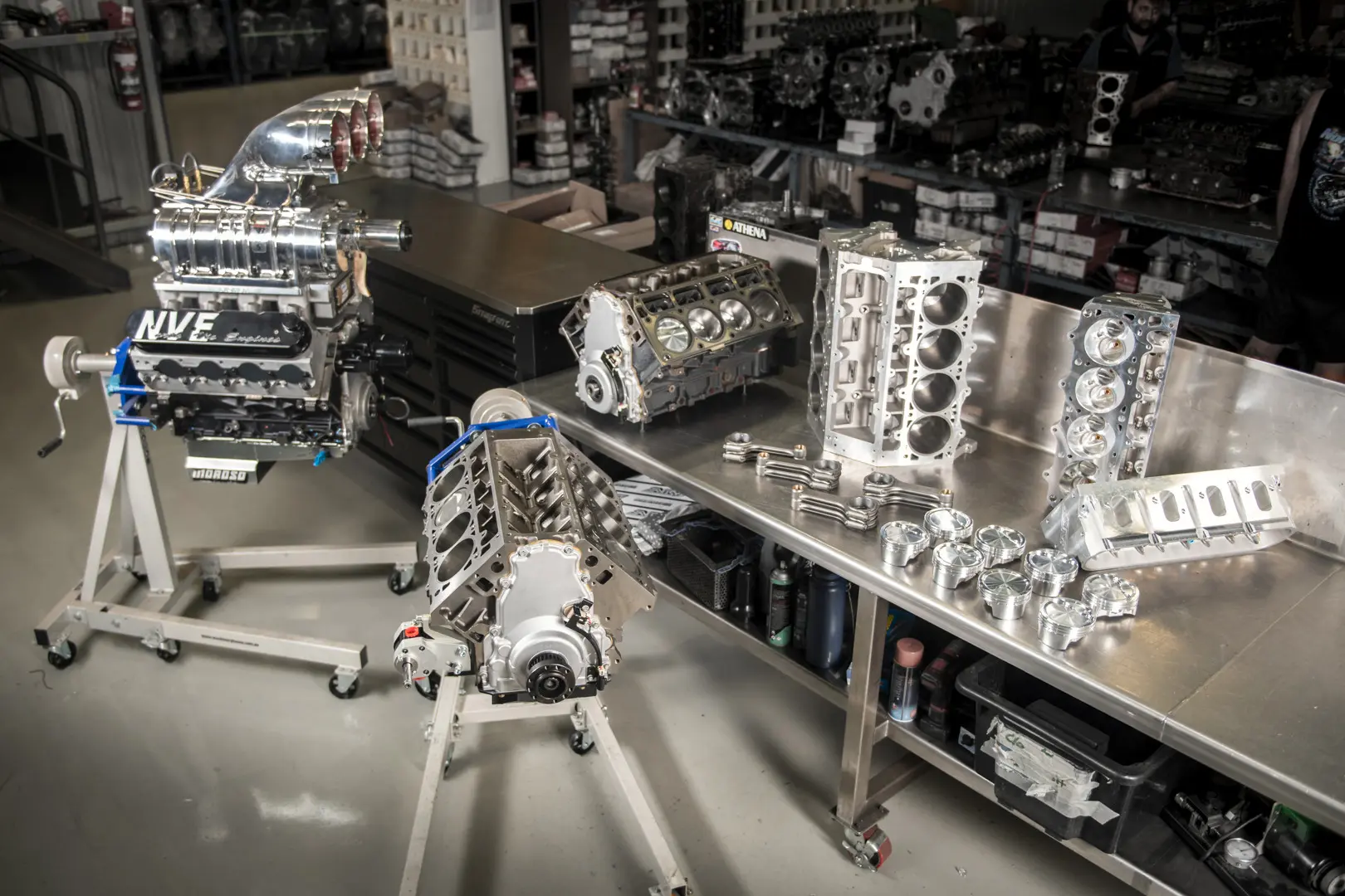 Performance engines and components arranged inside an engine workshop