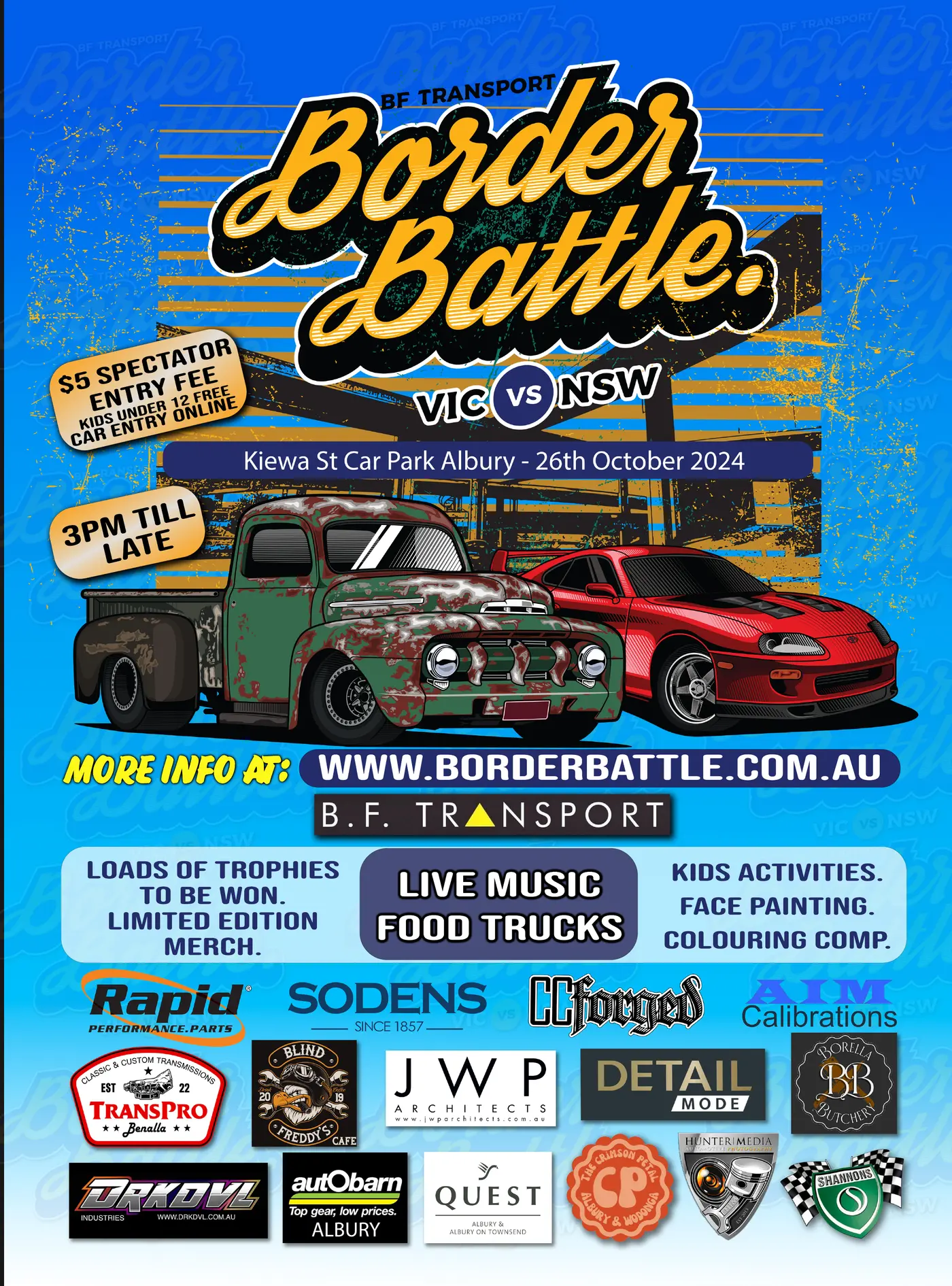 BF Transport Border Battle 2024 event poster with date, venue, attractions and sponsors